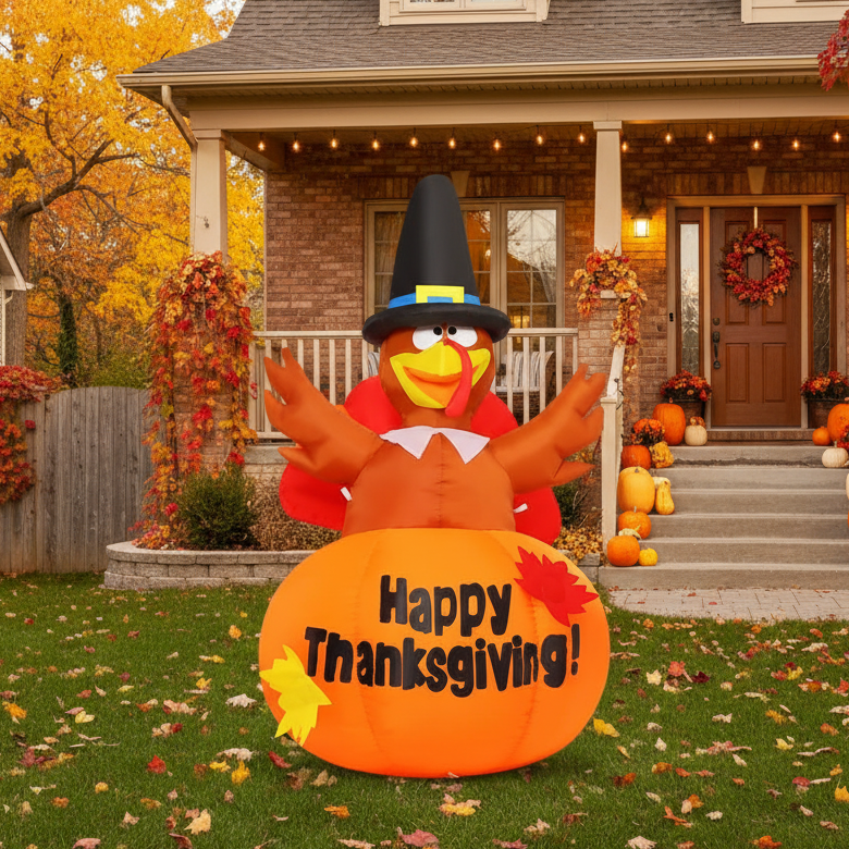 Add festive cheer to your lawn with this inflatable "Happy Thanksgiving" turkey pumpkin, a perfect outdoor decoration to welcome guests.